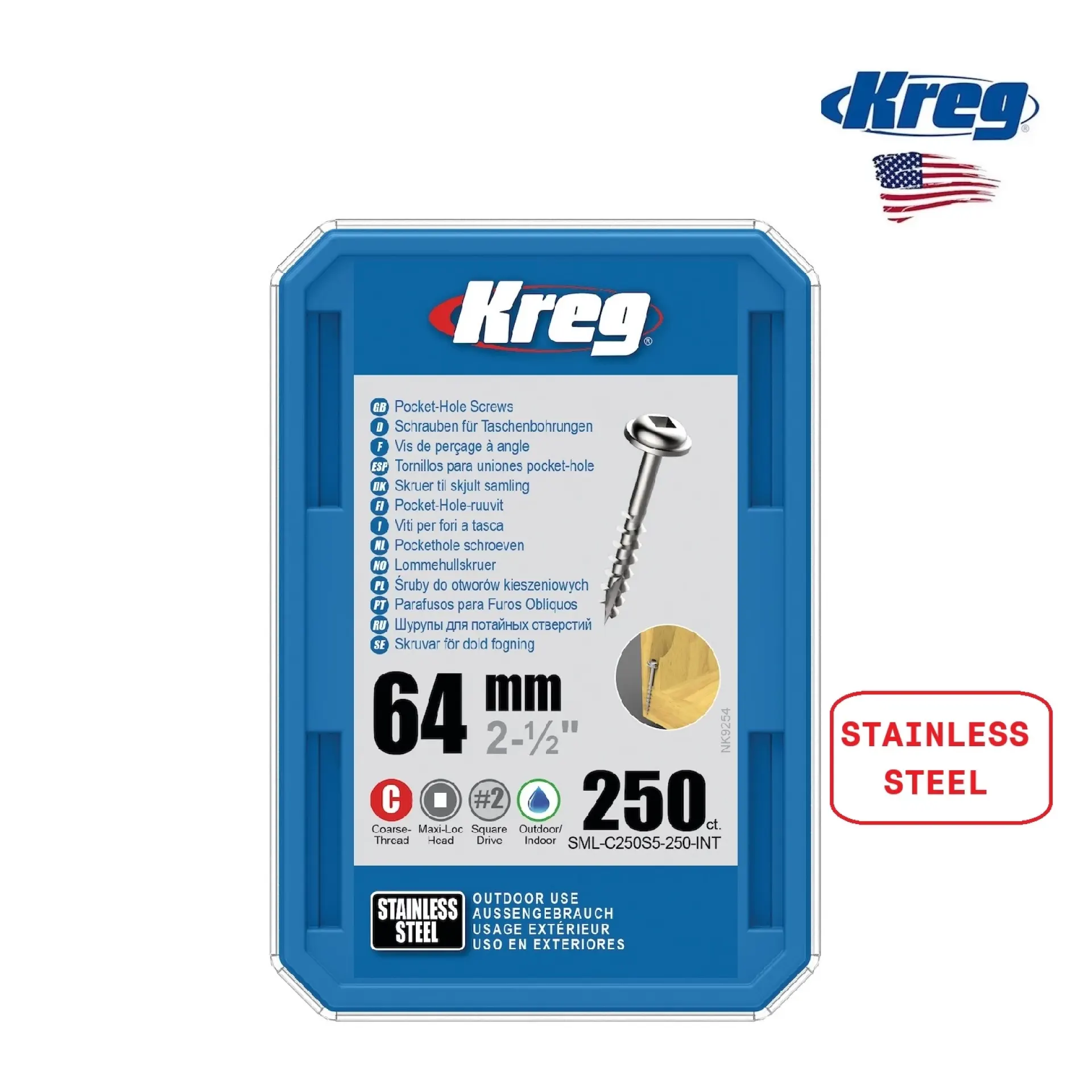 Kreg schroeven 64 mm RVS 250 stuks.